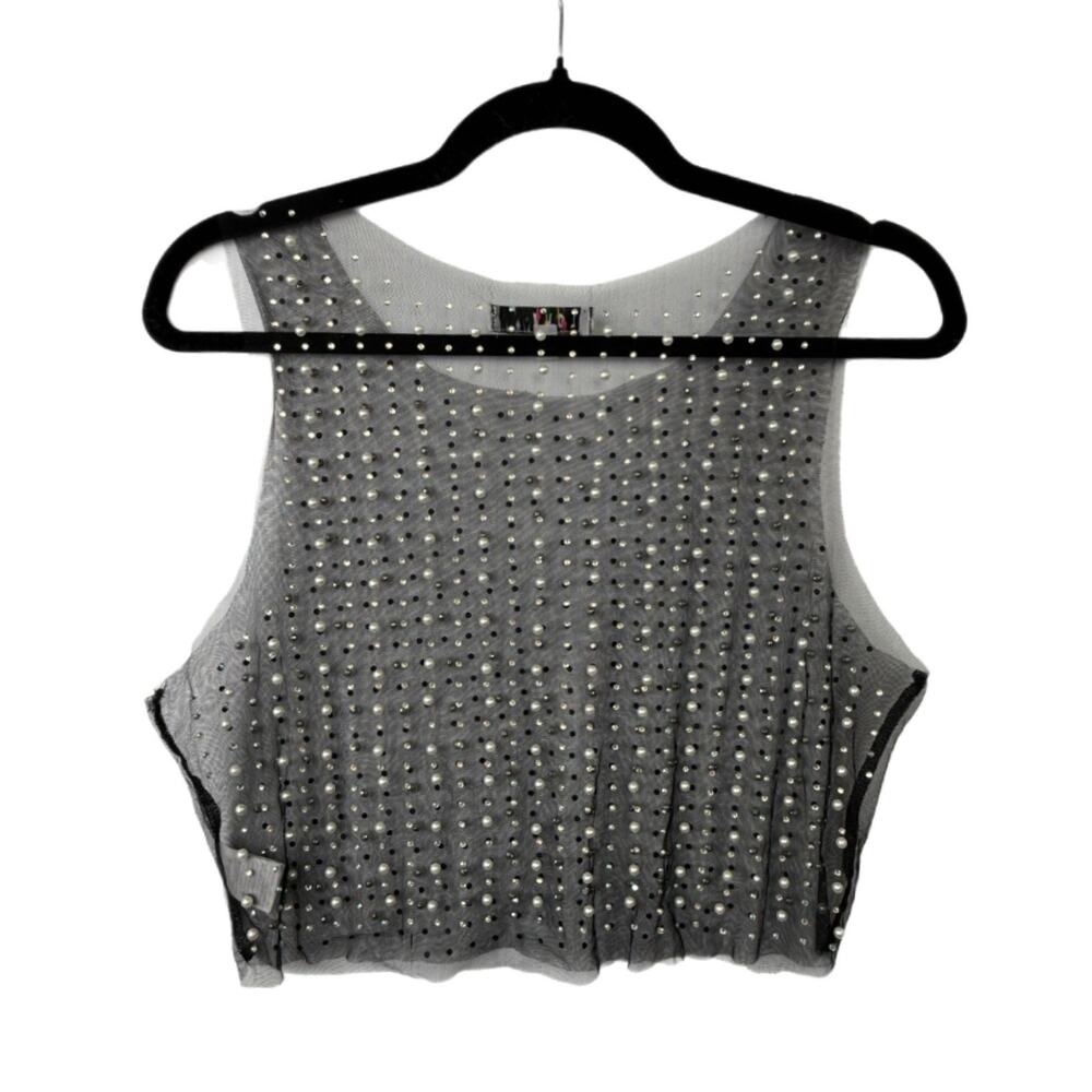Love J Black Sheer Mesh Pearl Rhinestone Crop Tank Top Y2K Party Size L - Picture 2 of 16